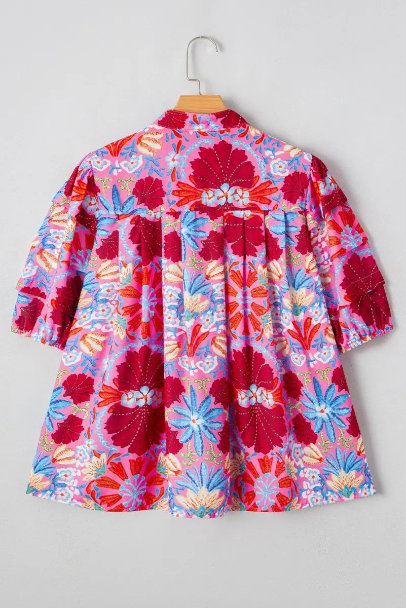 Pink Floral Print Bubble Sleeve Button Up Pleated Shirt - Love Salve